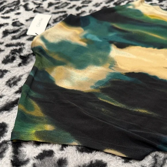 Calvin Klein Abstract Watercolor Short Sleeve Top in Green and Gold - Picture 3 of 5